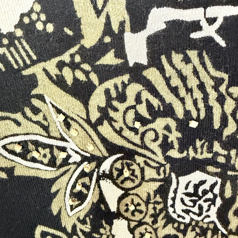 CJ Banks Tunic Black Tan Paisley Floral Beaded Artsy Eclectic Office Bohemian 1X - Picture 7 of 14